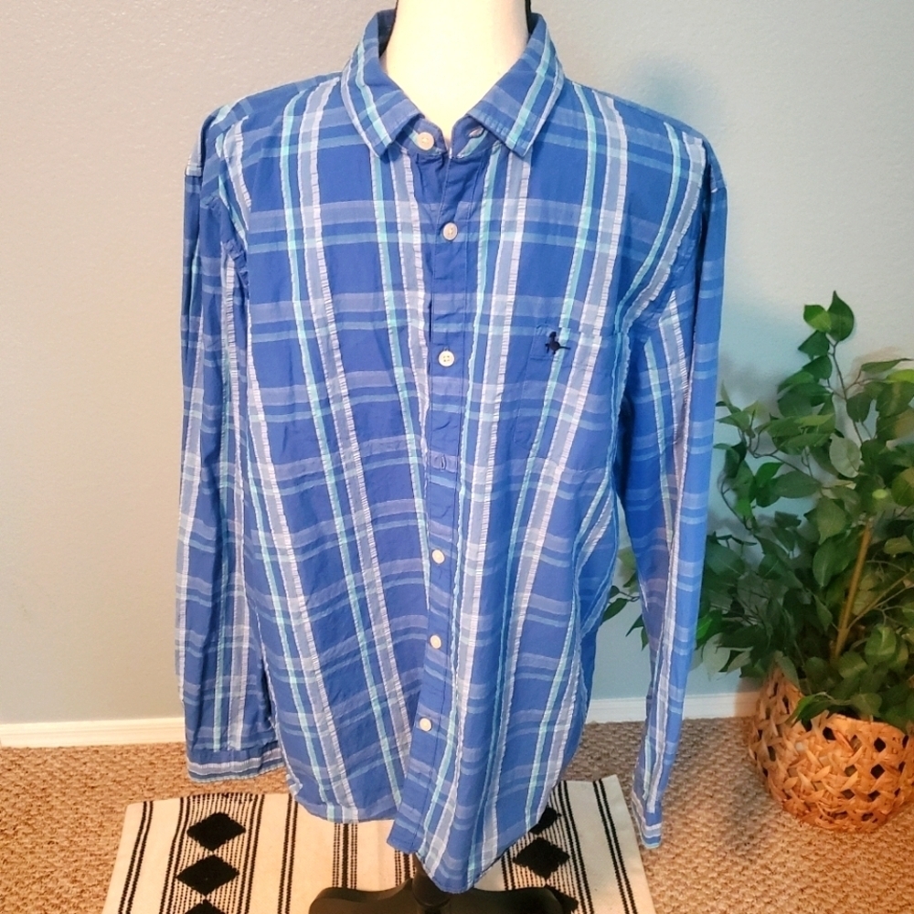 JACK WILLS UK Mens blue & teal Check Shirt button down cotton seersucker XL